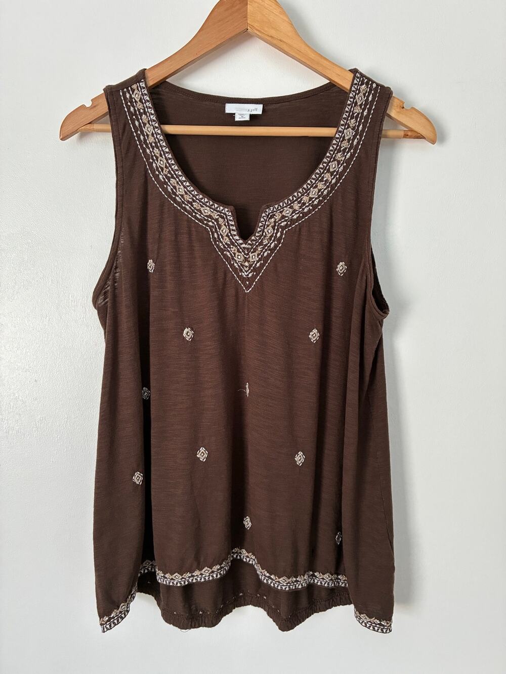 J. Jill Brown Sleeveless Boho Embroidered Sleeveless Blouse Size MP
